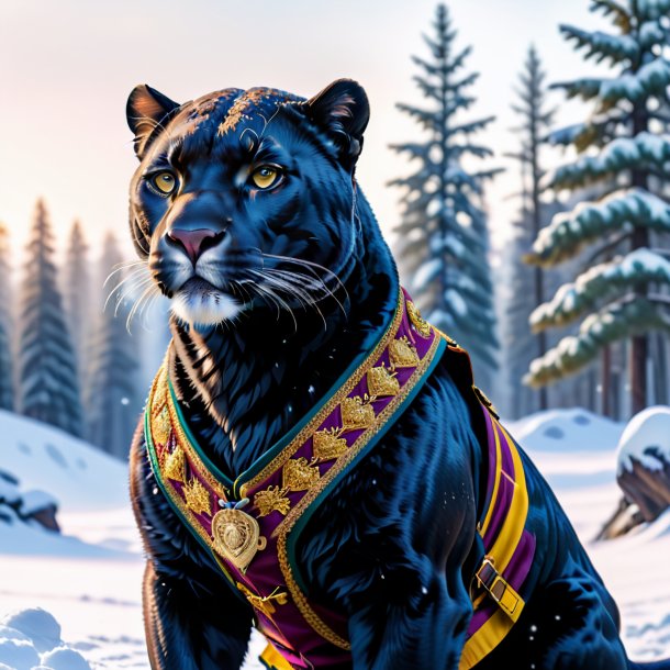 Picture of a panther in a vest in the snow