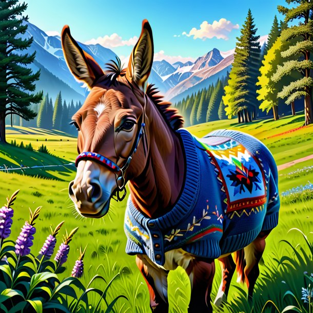 Drawing of a mule in a sweater in the meadow