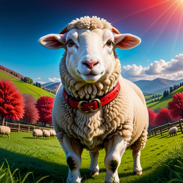 Foto de una oveja en un cinturón rojo