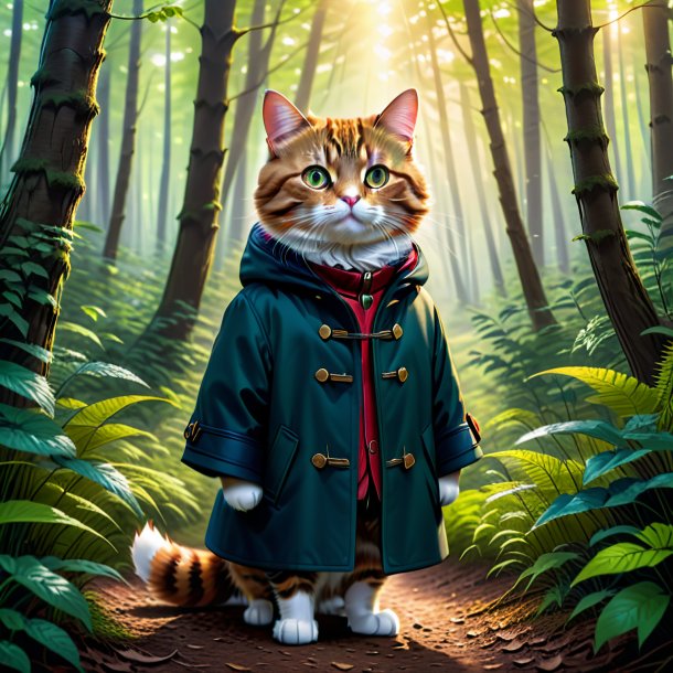 Ilustração de um gato em um casaco na floresta
