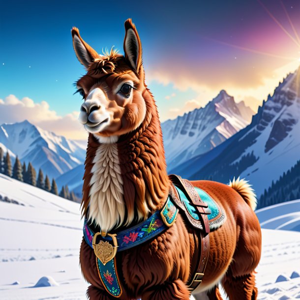 Illustration of a llama in a belt in the snow