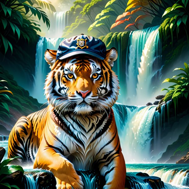 Illustration of a tiger in a cap in the waterfall