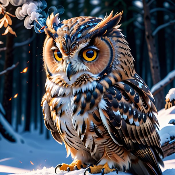 Image of a smoking of a owl in the snow