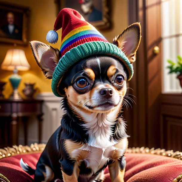 Photo of a chihuahua in a hat in the house