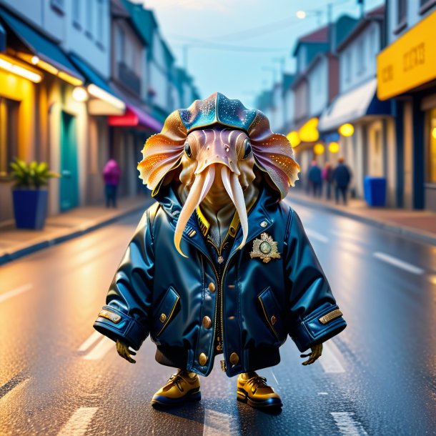 Image of a cuttlefish in a jacket on the road