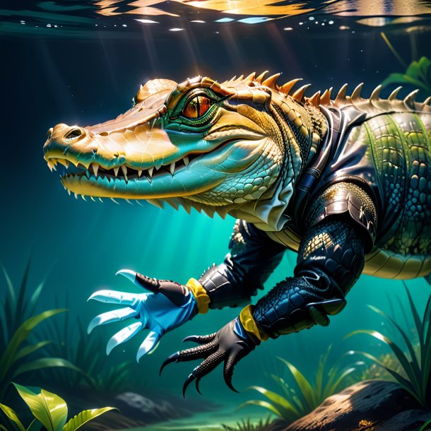 Drawing of a alligator in a gloves in the water