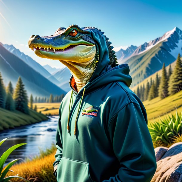 Picture of a alligator in a hoodie in the mountains