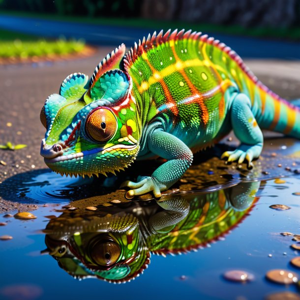Image of a swimming of a chameleon in the puddle