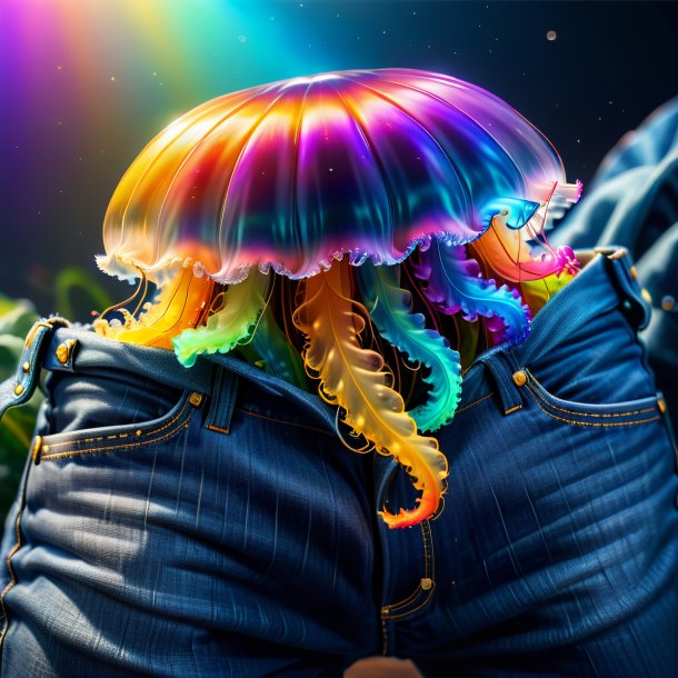 Imagem de uma água-viva em um jeans no arco-íris