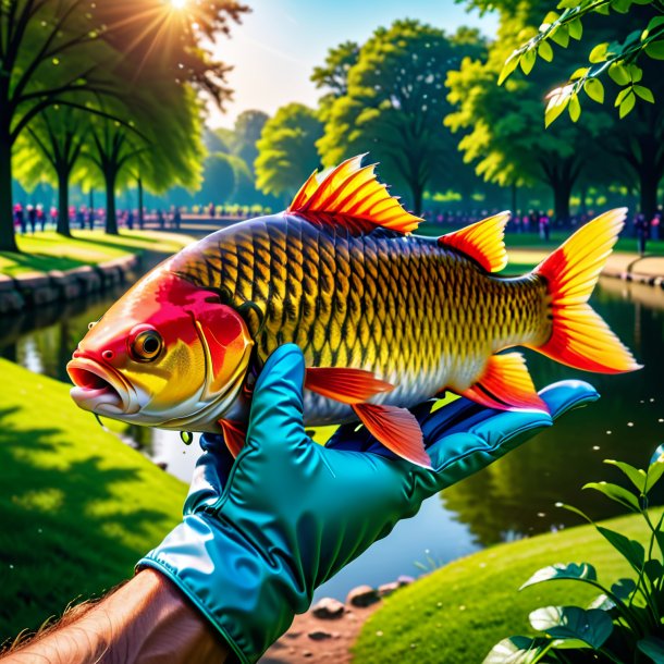Picture of a carp in a gloves in the park