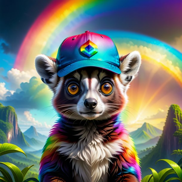 Illustration of a lemur in a cap on the rainbow