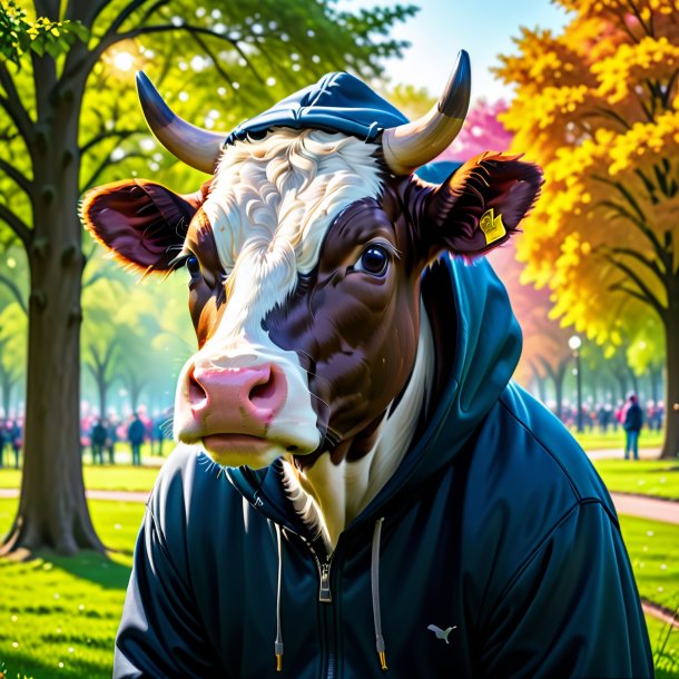 Foto de una vaca en una sudadera con capucha en el parque