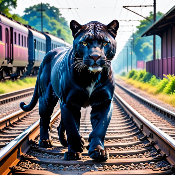 Foto de una pantera en jeans en las vías del tren