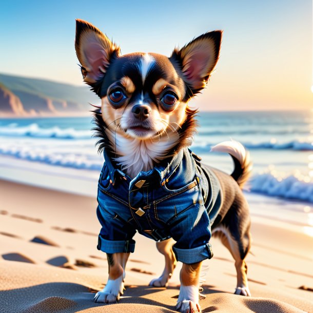 Image d'un chihuahua dans un jean sur la plage