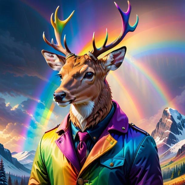 Illustration of a deer in a coat on the rainbow