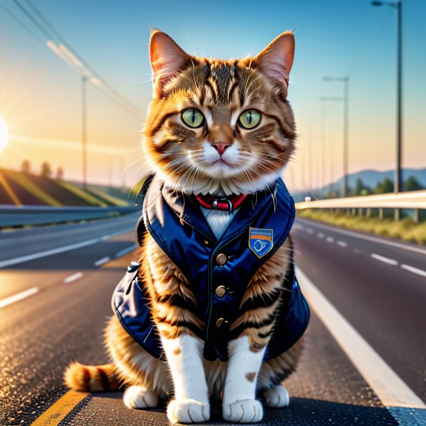 Image of a cat in a vest on the highway