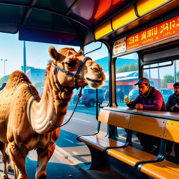 Photo of a eating of a camel on the bus stop