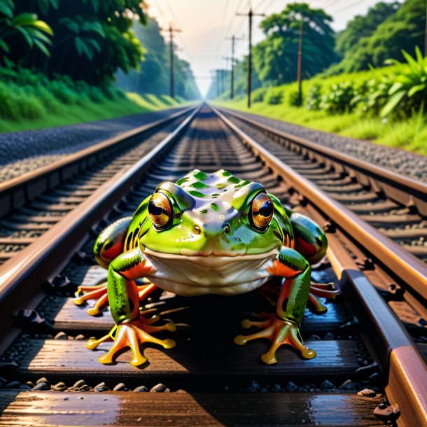 Pic of a swimming of a frog on the railway tracks
