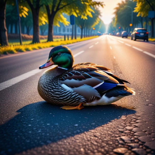 Image of a sleeping of a duck on the road